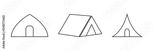Camping tent icon. Camp shelter illustration. Trekking canopy symbol. Hiking tarpaulin sign. Adventure tent pictogram. Campground canvas concept. Simple outline travel icon. Eps 10.