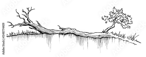 fallen thick tree branch in natural forest scene vintage vector illustration in monochrome style