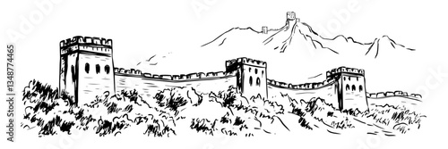 panoramic view of great wall of china famous tourist attraction vintage vector illustration in monochrome style