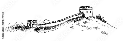 panoramic view of great wall of china famous tourist attraction vintage vector illustration in monochrome style