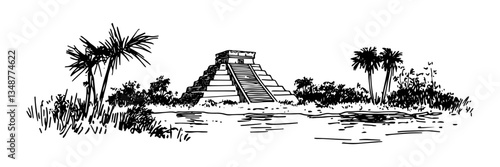 mexican pyramid from ancient aztec or mayan civilization hand made vector, ink sketch hand-drawn