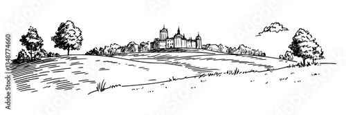 medieval baroque castle with fortified towers hand made vector, ink sketch hand-drawn