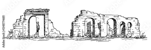 ancient architectural ruins of historical structure hand made vector, ink sketch hand-drawn
