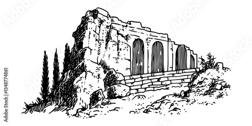 classical ancient ruins of forgotten civilization vintage vector illustration in monochrome style