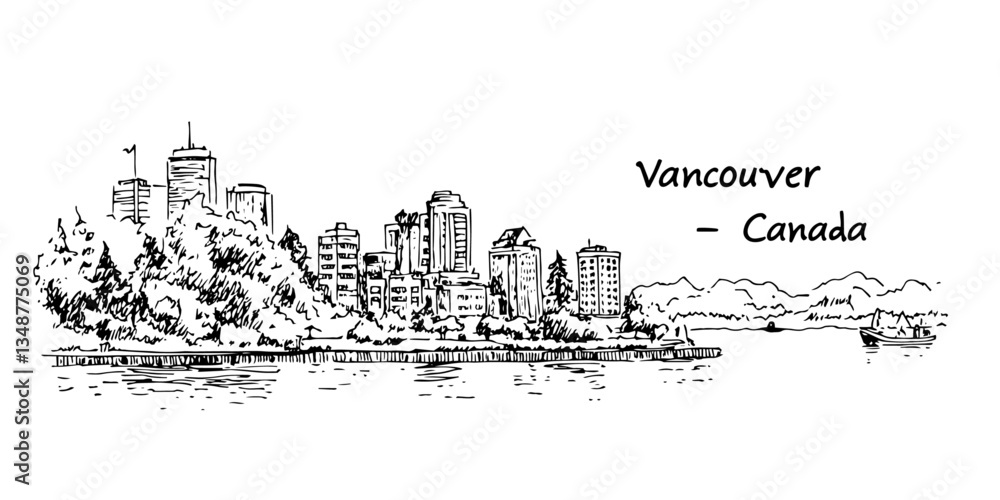 Fototapeta premium vancouver skyline with bay and mountains view vector doodle sketch city panorama
