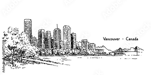 vancouver modern skyline with park and bridge view vector doodle sketch city panorama