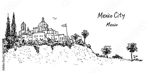mexico city cathedral and buildings on hill vector doodle sketch city panorama
