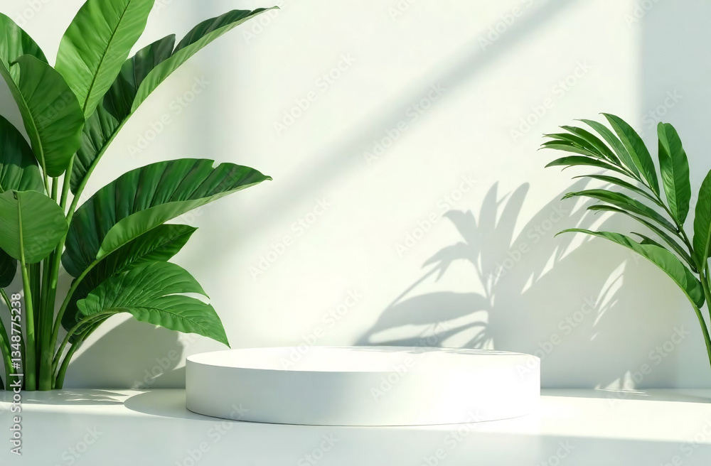 Minimal product stand with tropical leaves and soft shadows, clean white scene. Cosmetic product pedestal with tropical foliage, natural beauty concept Minimal product stand with tropical leaves and soft shadows, clean white scene. Cosmetic product pedestal with tropical foliage, natural beauty concept