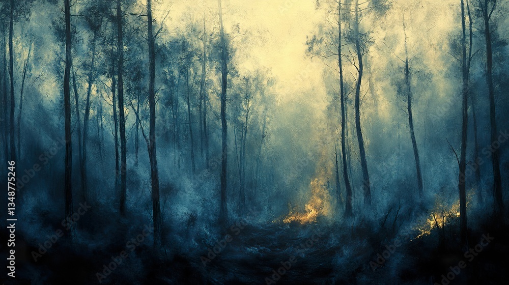 Obraz premium Forest Fire Illuminated by Yellow Sunlight Through Trees