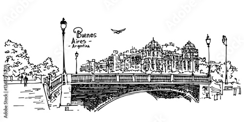 buenos aires bridge and historic palace vector doodle sketch city panorama