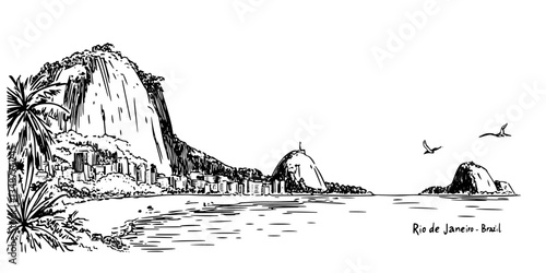 rio de janeiro sugarloaf mountain and ocean view vintage retro city panorama landscape vector illustration engraved hand drawn sketch woodcut style