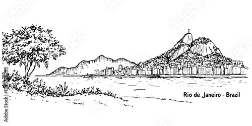 rio de janeiro skyline with corcovado mountain and christ statue vintage retro city panorama landscape vector illustration engraved hand drawn sketch woodcut style