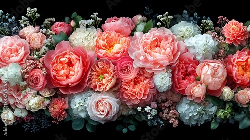 Lush coral and white floral arrangement on black background.