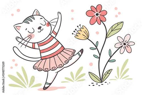36 Whimsical cat illustration, dancing cat in tutu, striped shirt, holding plant, colorful flowers, playful, childlike drawing style, pastel colors, white background, cheerful, hand-drawn aesthetic, f