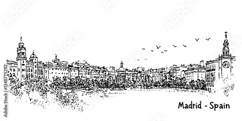 madrid skyline with towers and city park vintage retro city panorama landscape vector illustration engraved hand drawn sketch woodcut style