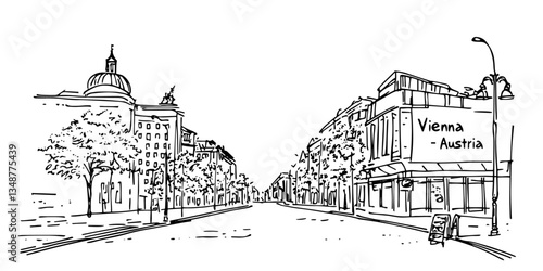 vienna city boulevard with classic buildings vintage retro city panorama landscape vector illustration engraved hand drawn sketch woodcut style