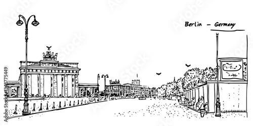 berlin brandenburg gate and unter den linden street vintage retro city panorama landscape vector illustration engraved hand drawn sketch woodcut style