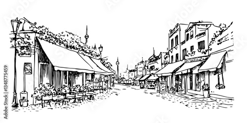 mediterranean street with cafes and awnings vintage retro city panorama landscape vector illustration engraved hand drawn sketch woodcut style