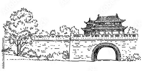ancient chinese gate with city wall and trees vintage retro city panorama landscape vector illustration engraved hand drawn sketch woodcut style