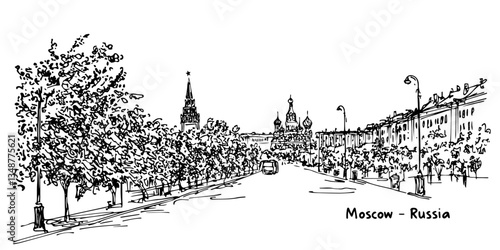 moscow street with kremlin view and trees vintage retro city panorama landscape vector illustration engraved hand drawn sketch woodcut style