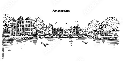 amsterdam canal with bridge and historic houses vintage retro city panorama landscape vector illustration engraved hand drawn sketch woodcut style