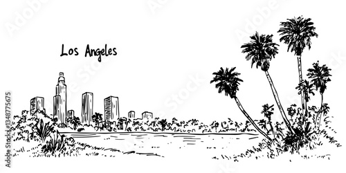 los angeles skyline with palm trees and lake vintage retro city panorama landscape vector illustration engraved hand drawn sketch woodcut style