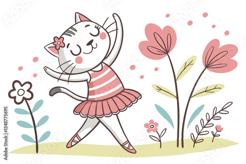 36 Whimsical cat illustration, dancing cat in tutu, striped shirt, holding plant, colorful flowers, playful, childlike drawing style, pastel colors, white background, cheerful, hand-drawn aesthetic, f