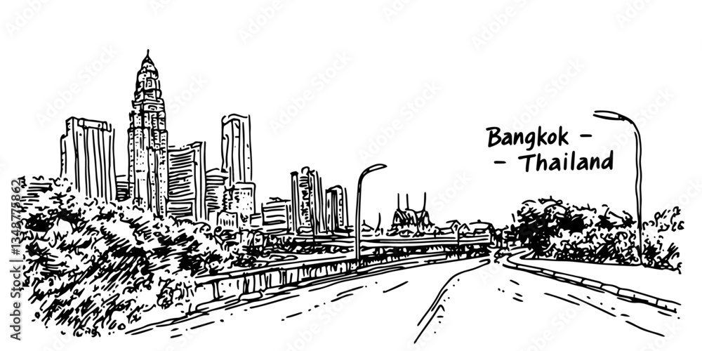 Fototapeta premium bangkok skyline with modern buildings and highway vintage retro city panorama landscape vector illustration engraved hand drawn sketch woodcut style