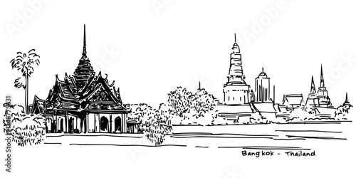 historic temples and pagodas in bangkok vintage retro city panorama landscape vector illustration engraved hand drawn sketch woodcut style