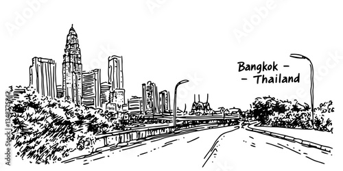 bangkok skyline with modern buildings and highway vintage retro city panorama landscape vector illustration engraved hand drawn sketch woodcut style