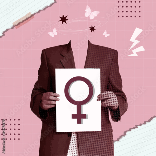 Faceless Figure Holding Feminist Symbol in Modern Collage. vector illustration