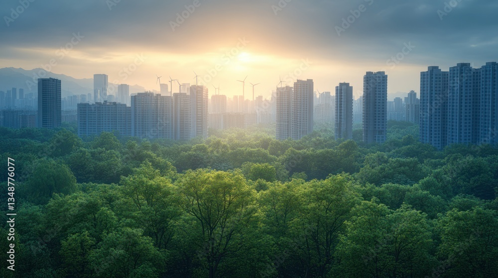 Obraz premium Urban park and city skyline at sunrise