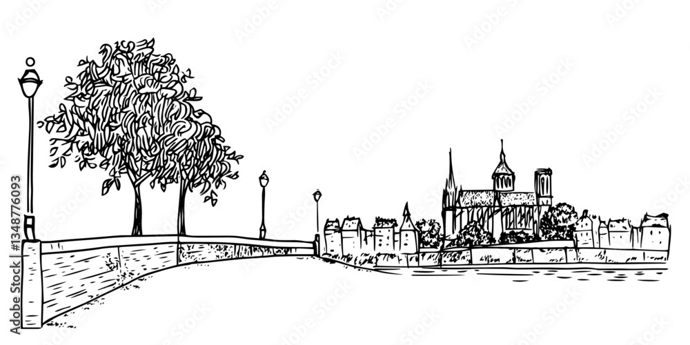 Fototapeta premium city riverside with cathedral view hand drawn modern sketch illustration in doodle simple engraved style