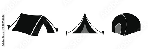 Set of tent line icons for camping and recreation in nature