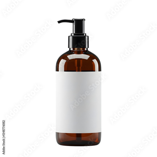 3D rendering of a transparent amber and black glass pump bottle with a white label mockup. It displays an empty cleanser jar from the front view, along with a clear glass tube