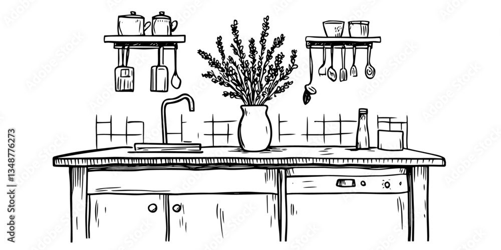 Fototapeta premium kitchen interior black vector in hand made isolated design on white background
