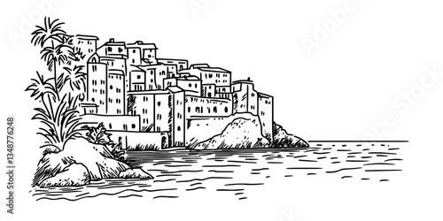 coastal village on hill black vector in hand made isolated design on white background