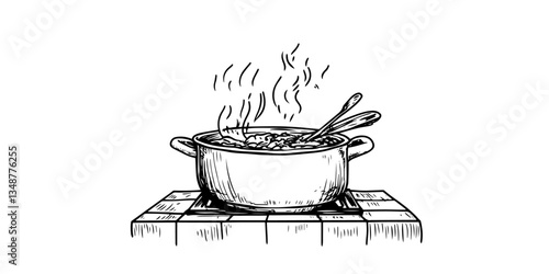 pot with boiling soup on fire black vector in hand made isolated design on white background