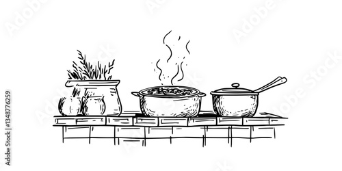 pots on stove black vector in hand made isolated design on white background