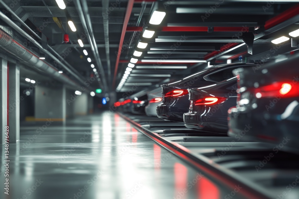 Modern automated parking system with rows of parked cars in a sleek, dimly lit underground garage. Modern automated parking system with rows of parked cars in a sleek, dimly lit underground garage.