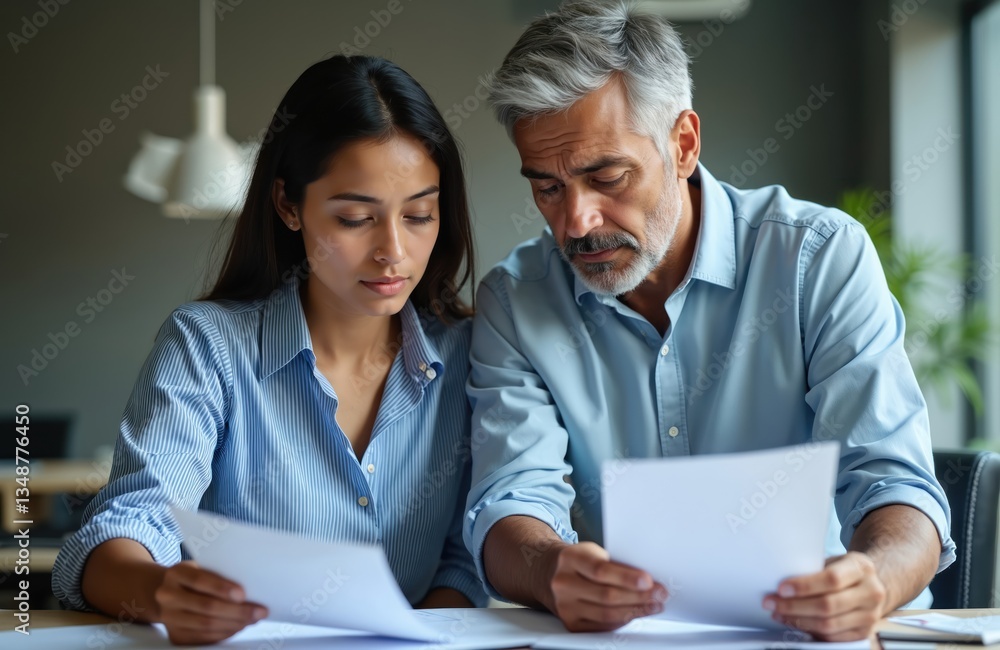 Mature Indian businessman, manager or mentor discuss paperwork with young student, client or employee. They are looking at document, contract or agreement. Business meeting, consultation, teamwork. Mature Indian businessman, manager or mentor discuss paperwork with young student, client or employee. They are looking at document, contract or agreement. Business meeting, consultation, teamwork.