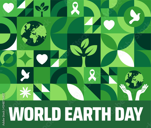 happy world earth day world map and flower design geometric shape pattern background banner or poster design template. observed every year in April.