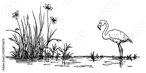 flamingo in wetland sketch vector traditional hand made doodle design