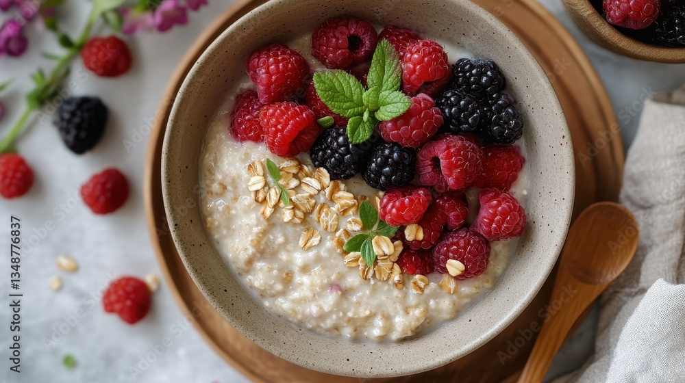 Cozy Scandinavian Easter Breakfast with Warm Oatmeal and Fresh Berries Cozy Scandinavian Easter Breakfast with Warm Oatmeal and Fresh Berries