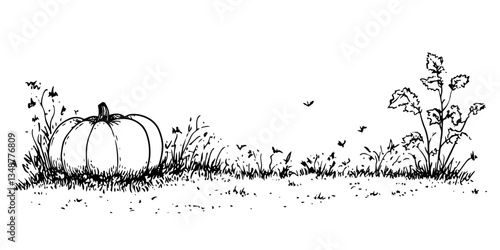 pumpkin in the field traditional doodle sketch hand made design vector