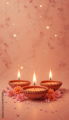 Diwali background with glowing diyas, colorful flowers, and soft bokeh lights