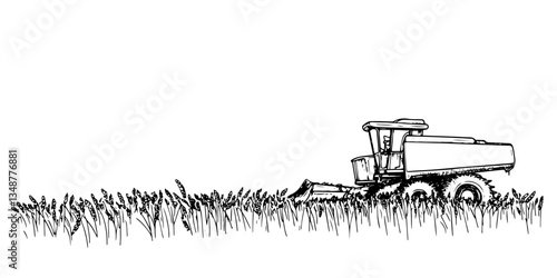 combine harvester collecting grain traditional doodle sketch hand made design vector