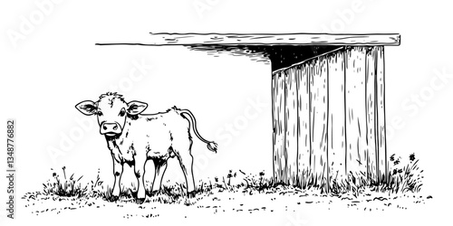 cow in rural farmyard traditional doodle sketch hand made design vector