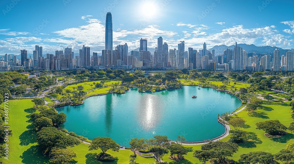 Fototapeta premium Urban park with a lake and high-rise buildings