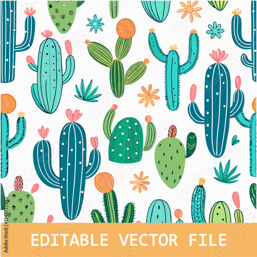 Seamless pattern with cactus doodle for decorative print, wrapping paper, greeting cards and fabric